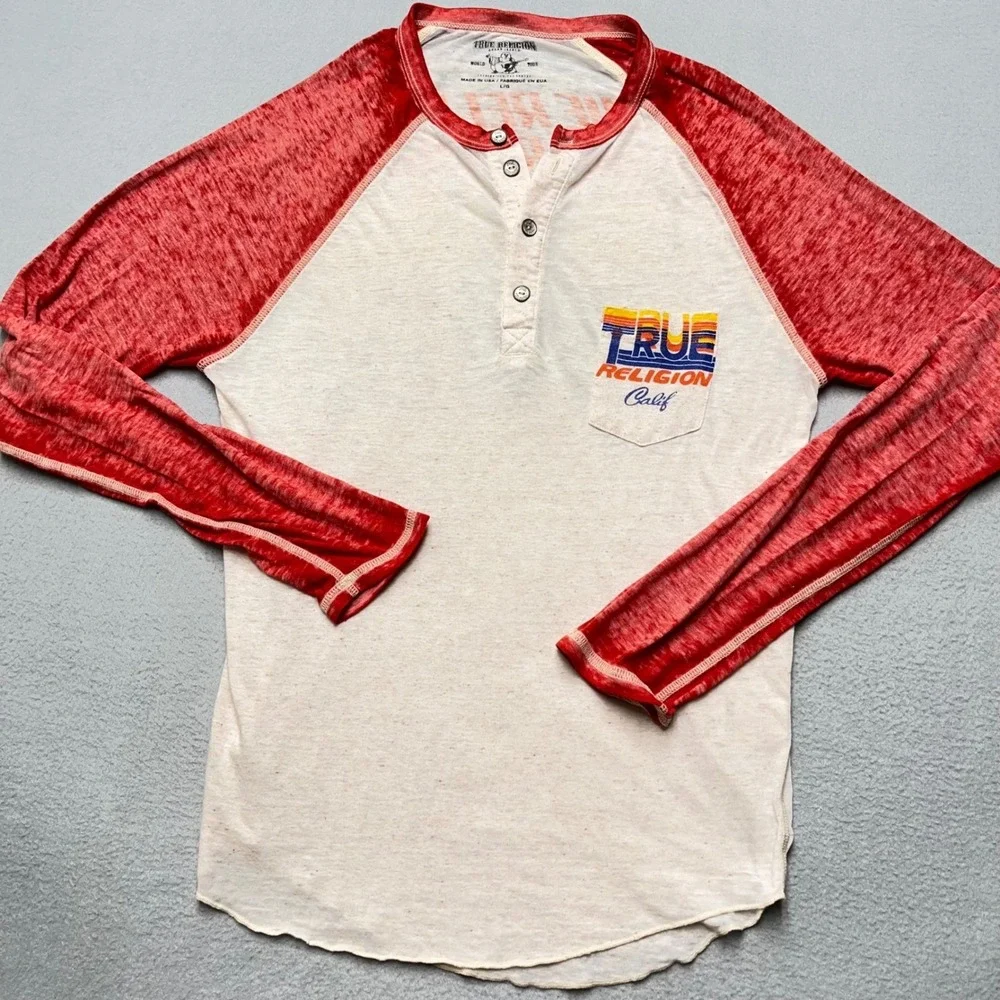 VTG Y2K True Religion Muscle Car Henley Burnout‎ Raglan Rainbow Logo USA L